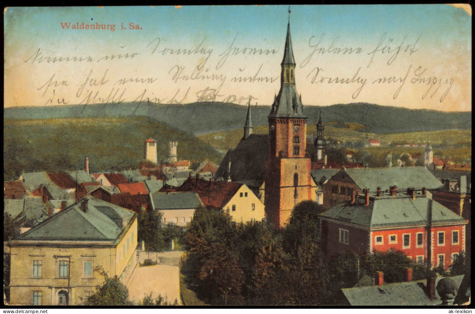 Ansichtskarte Waldenburg (Sachsen) Panorama-Ansicht, Kirche u. Ortsmitte 1910