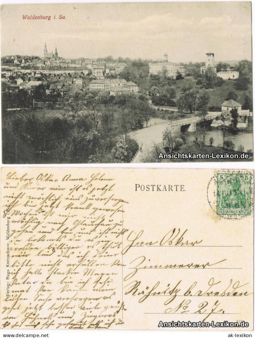Ansichtskarte Waldenburg (Sachsen) Totale mit Brücke 1908