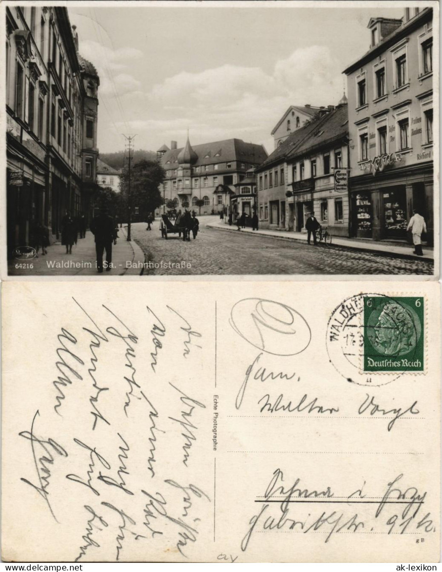 Ansichtskarte Waldheim (Sachsen) Bahnhofstraße - Geschäfte 1934