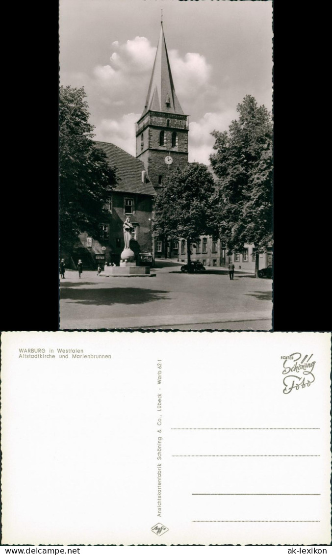Ansichtskarte Warburg Altstadtkirche und Marienbrunnen 1955