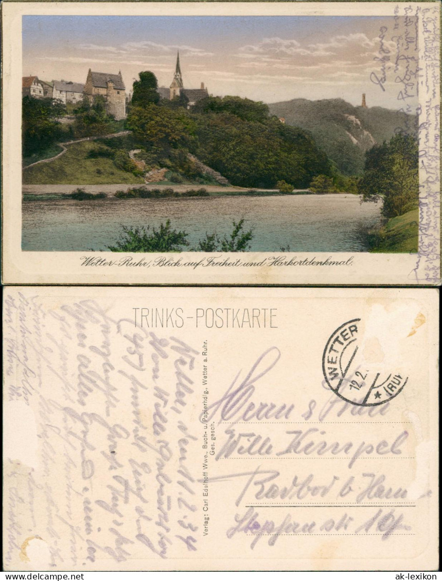 Ansichtskarte Wetter (Ruhr) Freiheit und Harkotdenkmal - colorierte AK 1934