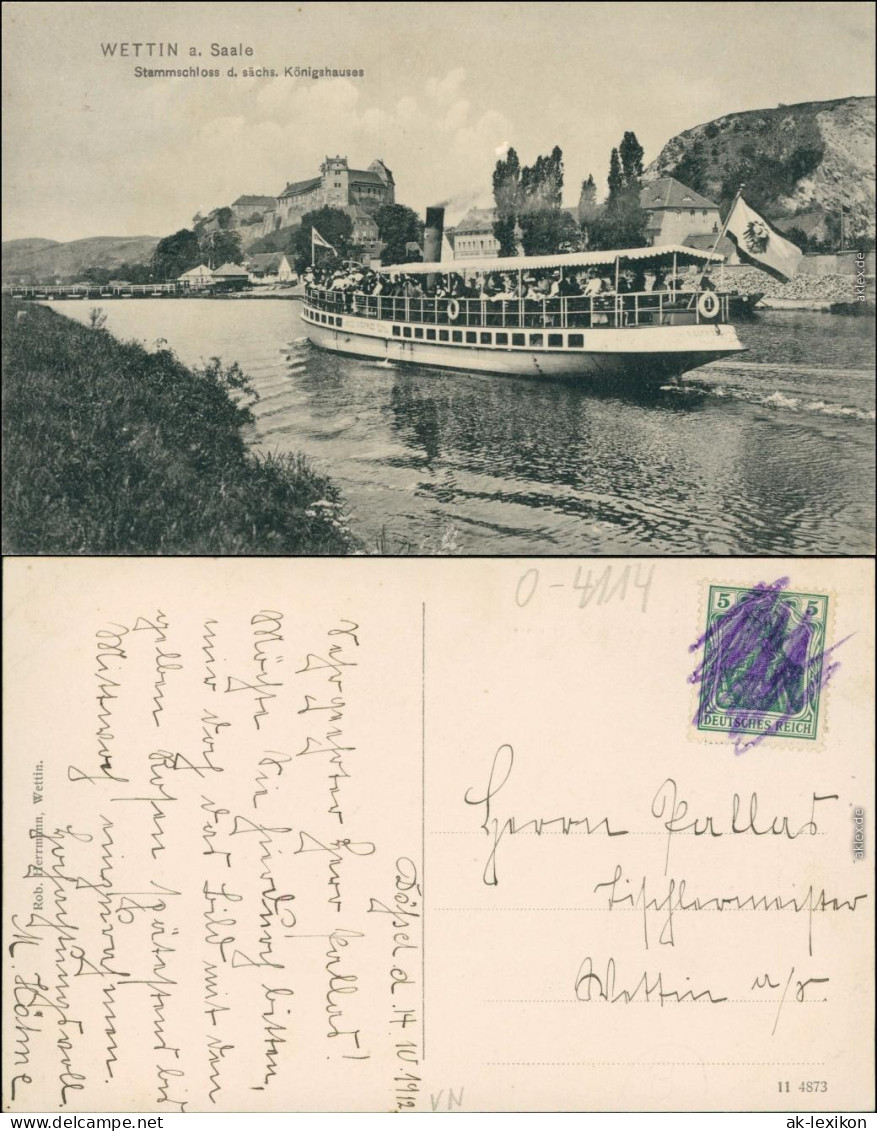 Ansichtskarte Wettin (Saale)-Wettin-Löbejün Dampfer und Schloß 1912