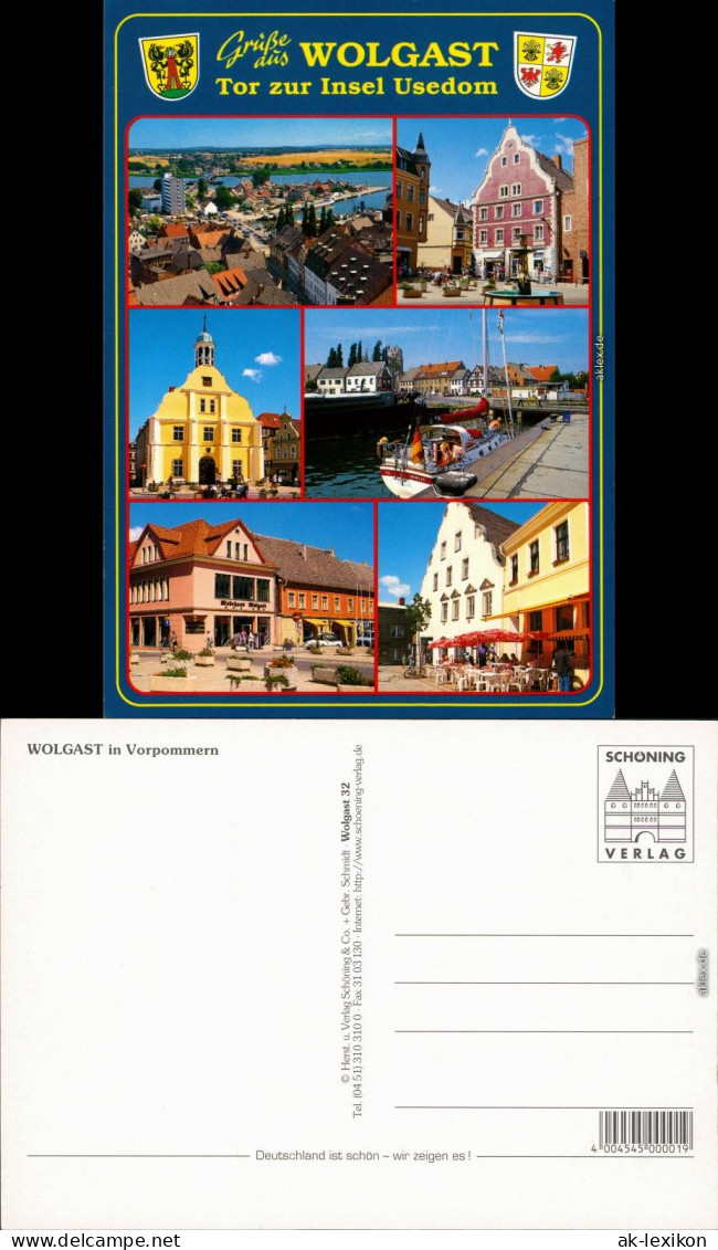 Ansichtskarte Wolgast Markt, Brunnen, Rathaus, Hafen, Gaststätte 2000