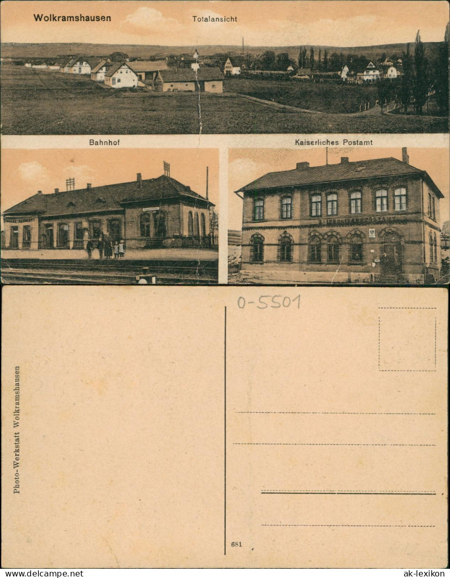 Ansichtskarte Wolkramshausen-Bleicherode Postamt, Bahnhof, Totale 1914
