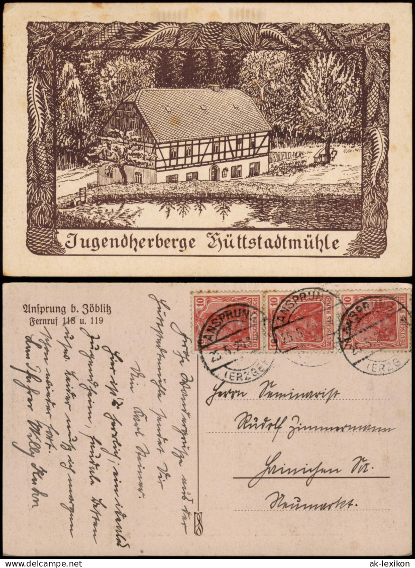 Ansichtskarte Zöblitz Ansprung Jugendherberge Hüttstadtmühle 1924