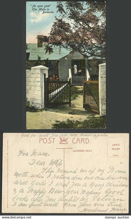 Bermuda Old Colour Postcard An Open Gate The Motto in Bermuda House Entrance 179