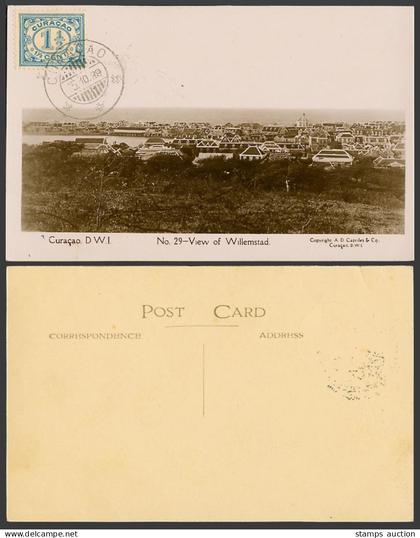 Curacao 1 1/2d 1929 Old Real Photo Postcard Willemstad Panorama - Dutch Antilles