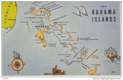 Map of Bahama Islands, c1930s/40s Vintage Linen Postcard
