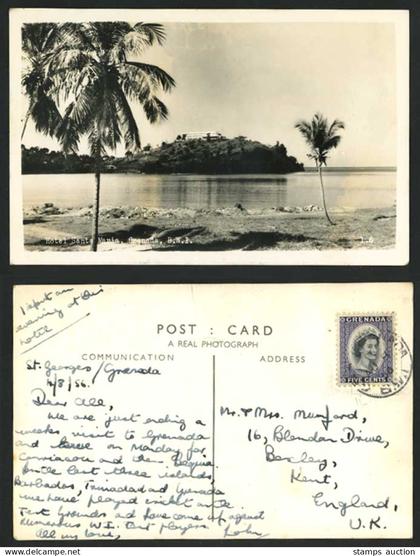 Grenada, HOTEL SANTA MARIA B.W.I QEII 5c 1956 Old Real Photo Postcard Palm Trees
