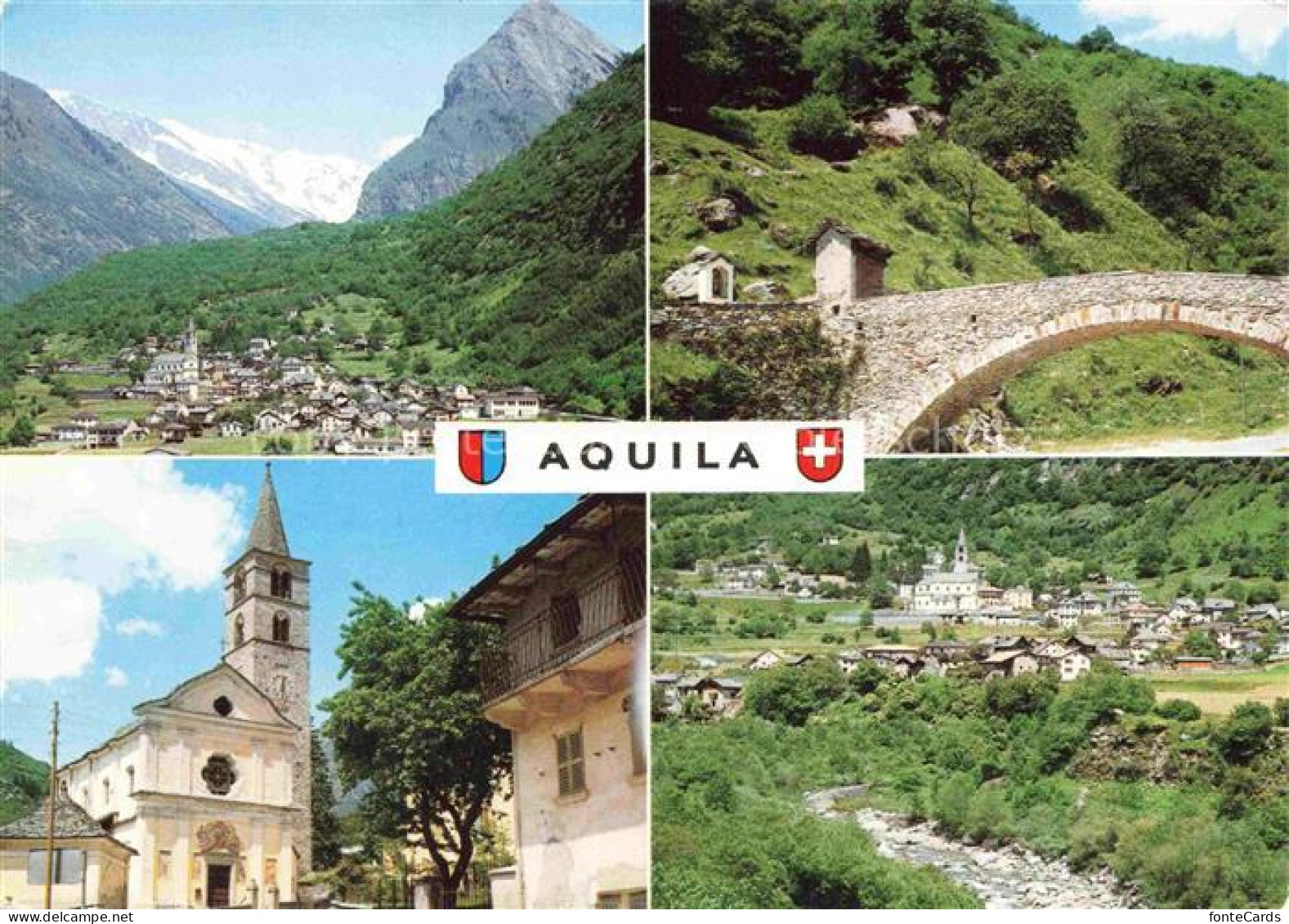 Aquila Blenio TI Valle-di-Blenio Dorf Kirche Steinbruecke Bach Berge Schneeberge