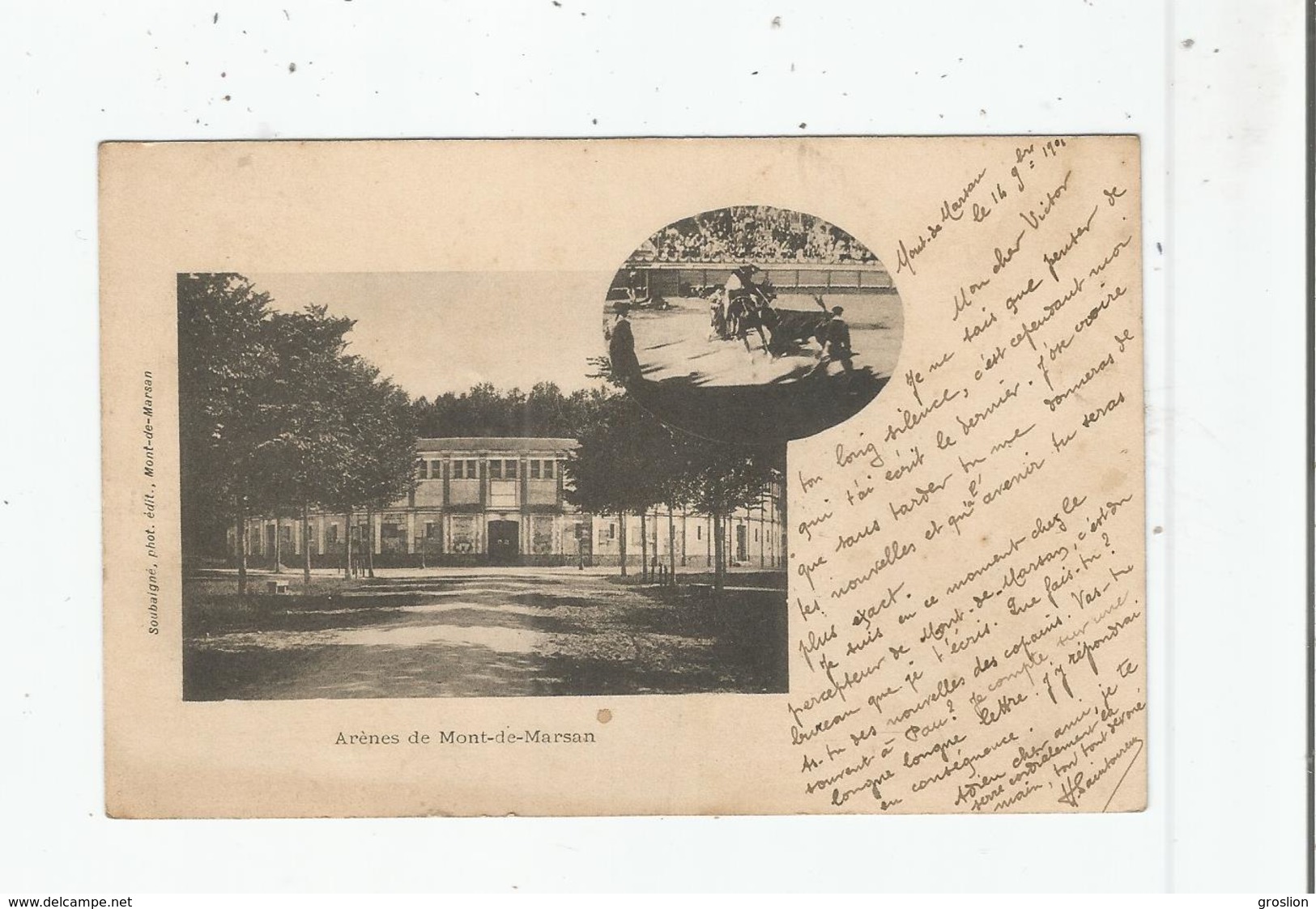 ARENES DE MONT DE MARSAN CARTE DEUX VUES (ARENES ET CORRIDA) 1901