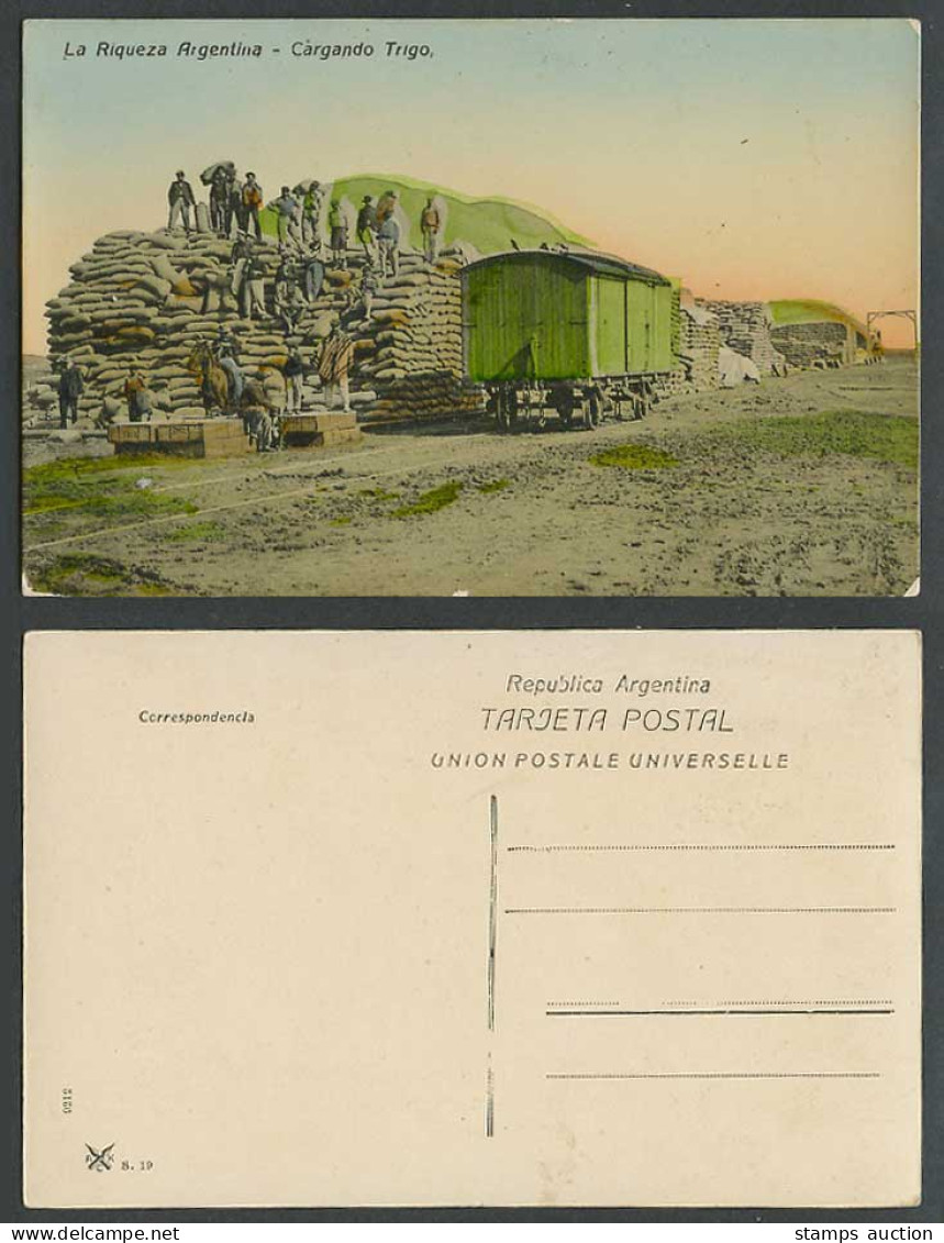 Argentina Old Postcard La Riqueza Argentina, Cargando Trigo, Train Loading Wheat
