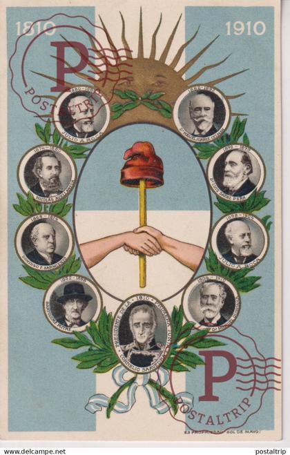 Argentina 1910 — Centenario — ‘Sol de Mayo’: escudo (gorro frigio y manos) rodeado de presidentes — tarjeta en relieve