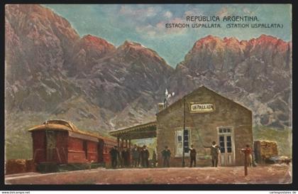 AK Uspallata, Estacion con hombres y tren, Bahnhof mit Männern