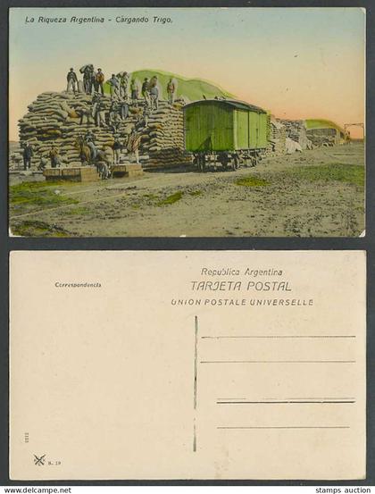 Argentina Old Postcard La Riqueza Argentina, Cargando Trigo, Train Loading Wheat