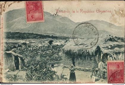 CPA Córdoba Argentinien, aus Argentinien, Landschaft, Berge, traditionelle Hütten, Menschen