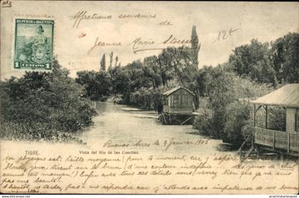 CPA Tigre Argentinien, Flussansicht, Bootshaus, Text in Französisch, aus Argentinien