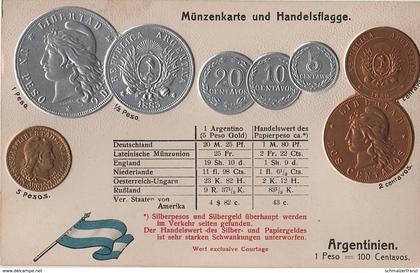 Litho Münzkarte AK Argentinien Argentina Centavo Peso Nationalflagge Coin Pièce Moneda America del Sur Bandera Pabellon