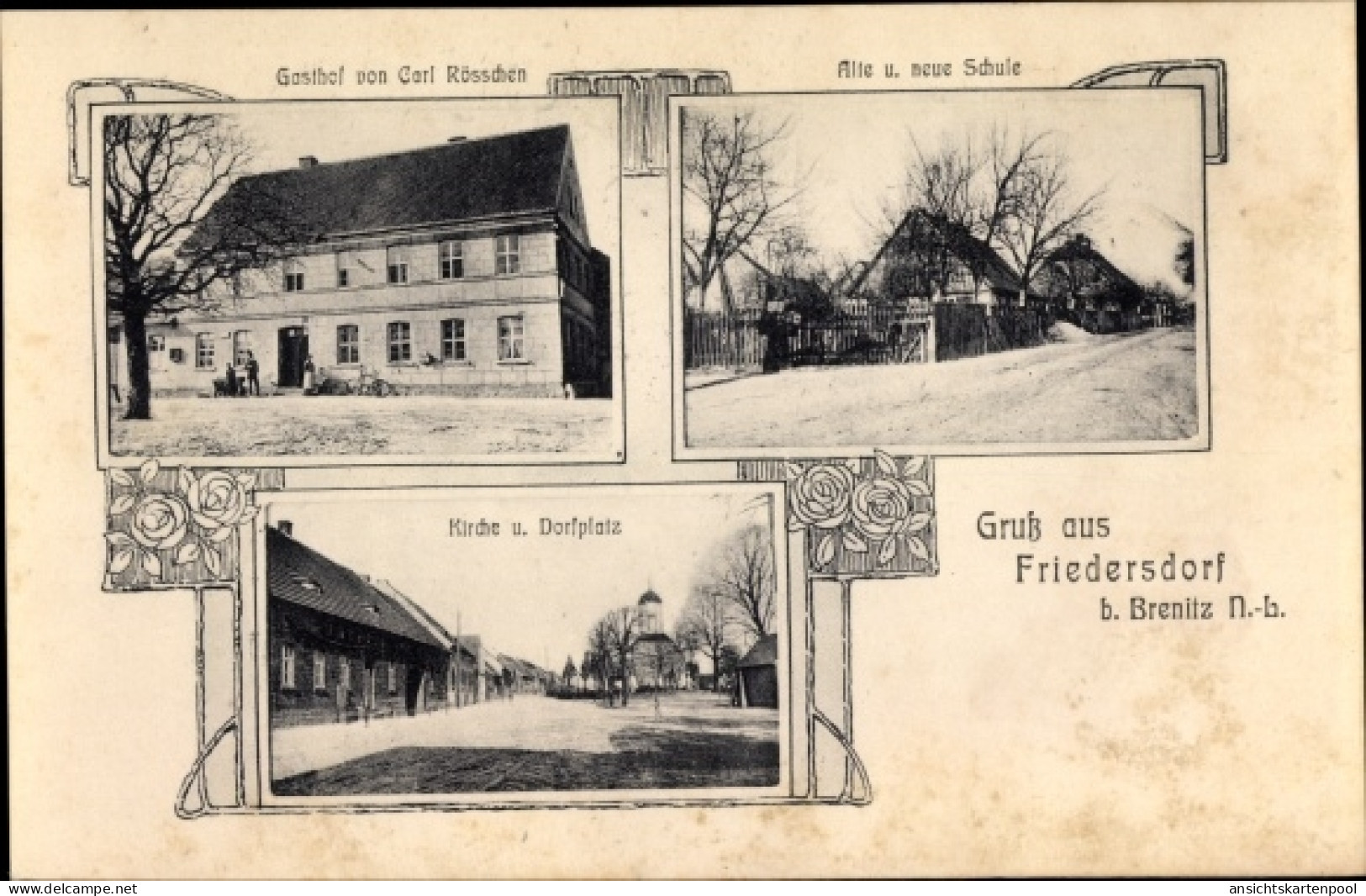 Art Nouveau CPA Friedersdorf Sonnewalde Elbe Elster Brandenburg, Schule, Kirche, Gasthaus