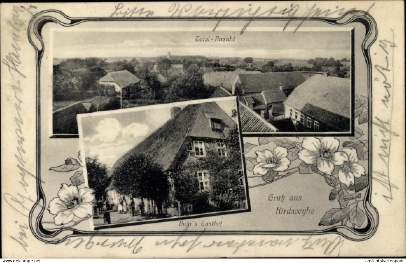 Art Nouveau Passepartout CPA Kirchweyhe Weyhe Niedersachsen, Blick auf den Ort, Buhr's Gasthof