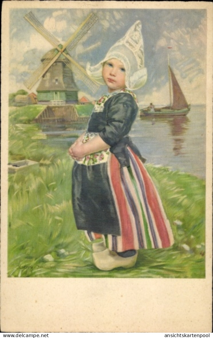 Artiste CPA H. von Schlieben, Antje im Sonntagsstaat, Mädchen in Niederländischer Tracht, Windmühle