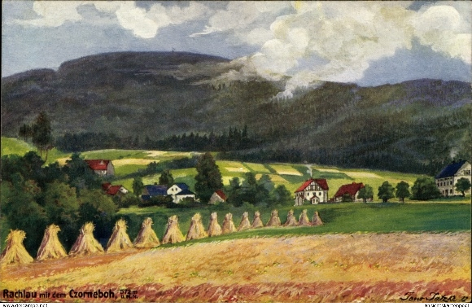 Artiste CPA J., Rachlau Kubschütz in der Oberlausitz, Sommer-Panorama mit dem Czorneboh