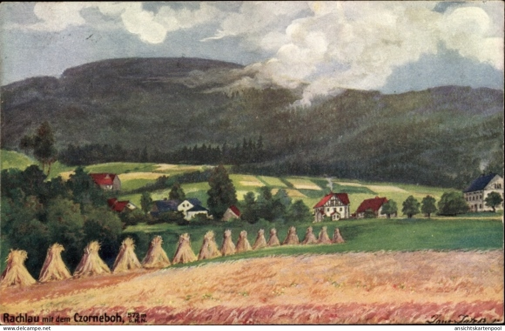 Artiste CPA J., Rachlau Kubschütz in der Oberlausitz, Sommer-Panorama mit dem Czorneboh