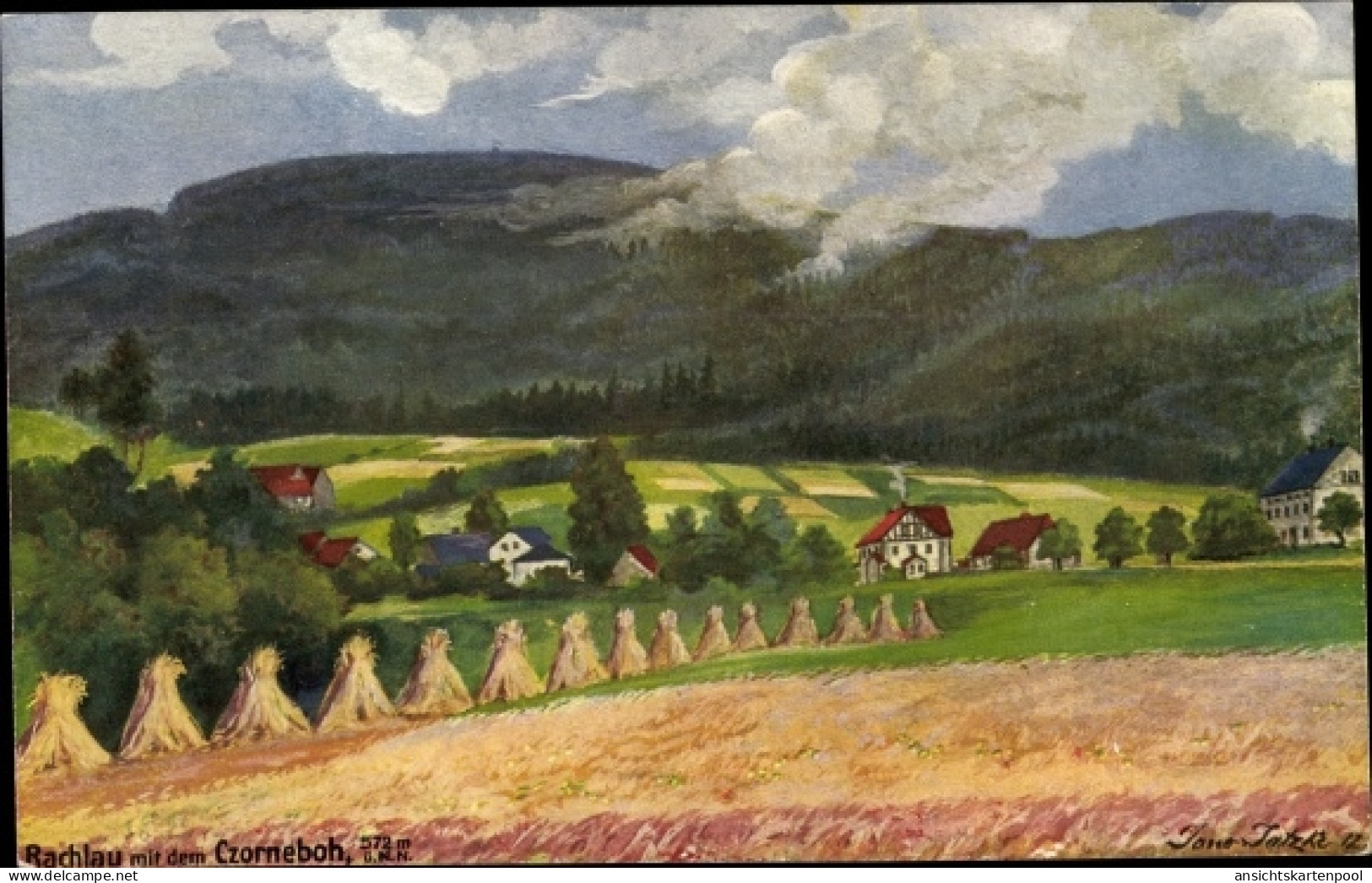 Artiste CPA J., Rachlau Kubschütz in der Oberlausitz, Sommer-Panorama mit dem Czorneboh