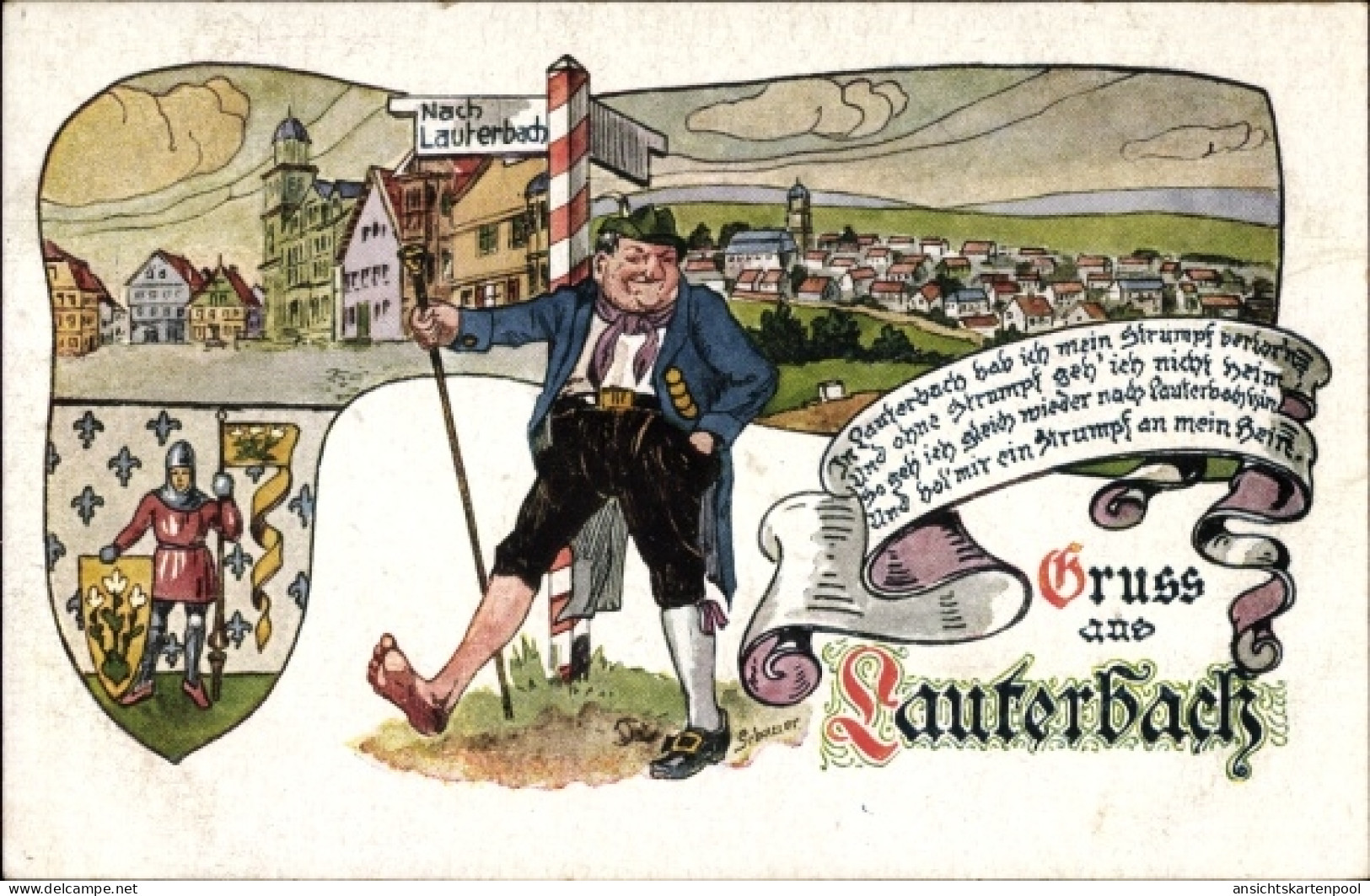 Artiste CPA Lauterbach an der Lauter Vogelsbergkreis, Wanderer, Marktplatz, Blason