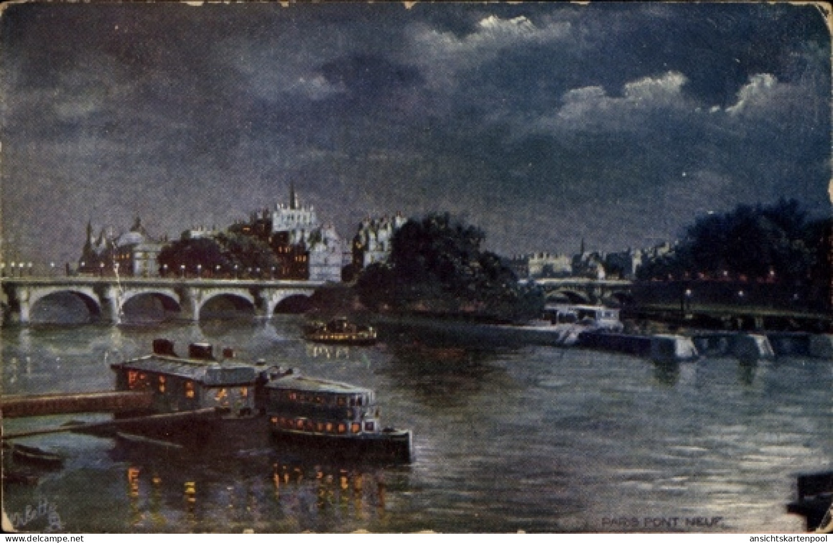 Artiste CPA Paris, Teilansicht der Stadt bei Nacht, Boote, Seine