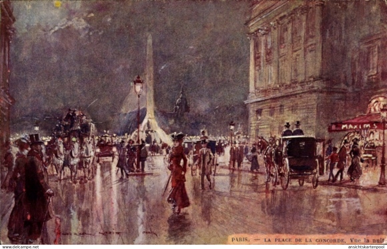 Artiste CPA Paris VIII, Place de la Concorde bei Nacht, Maxims