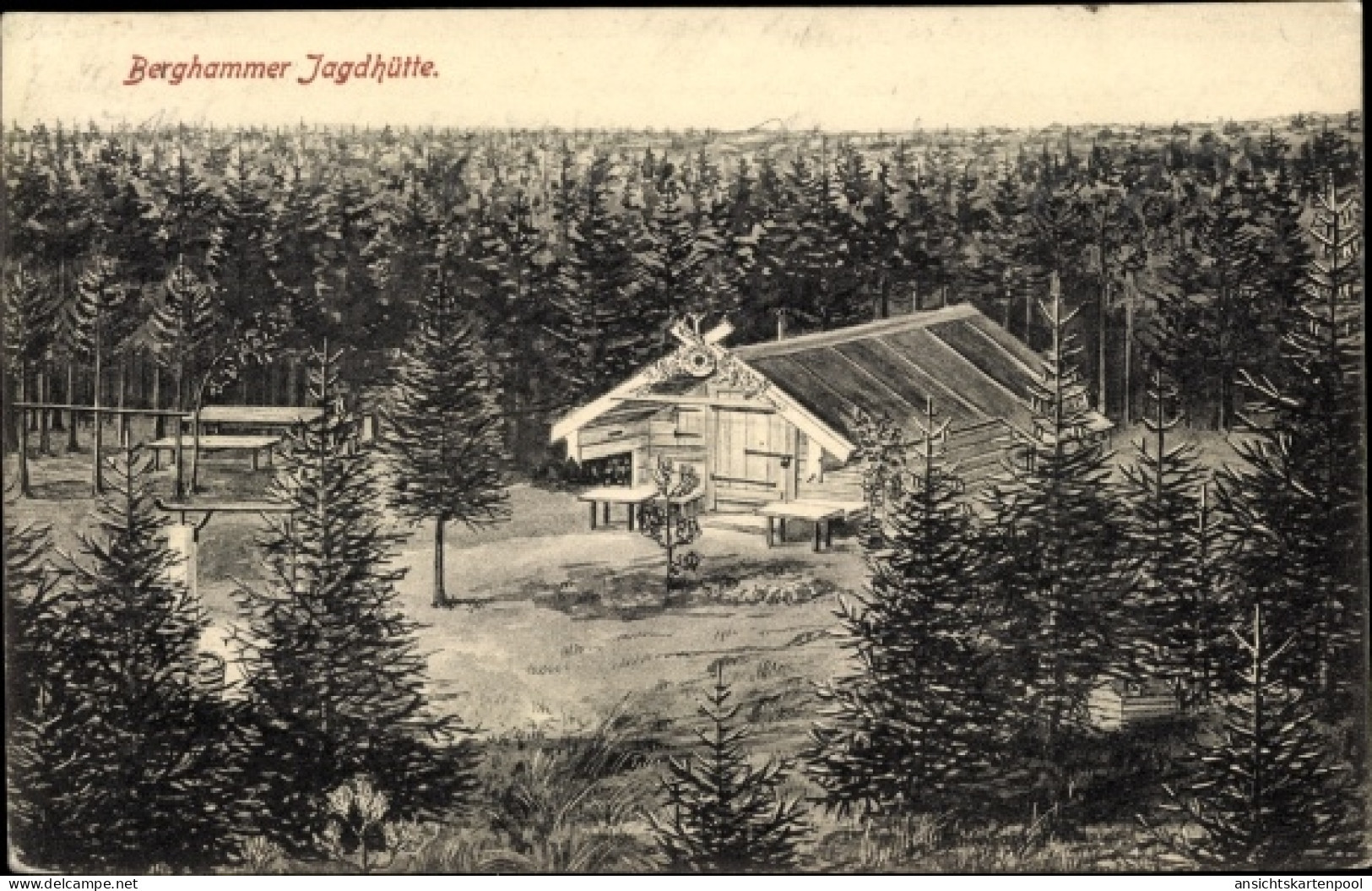 Artiste CPA Unterhaching in Oberbayern, Berghammer Jagdhütte, Waldlandschaft