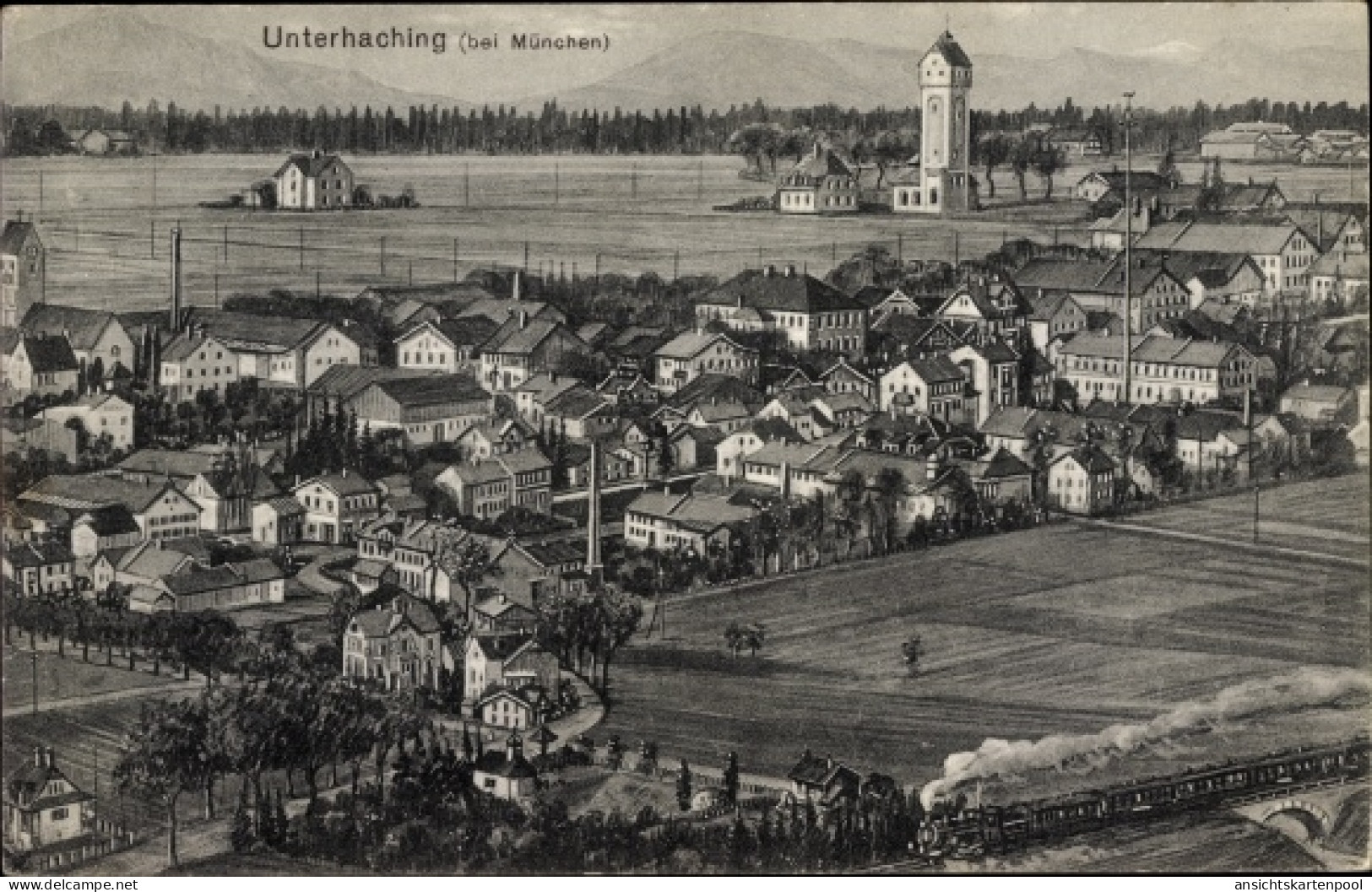 Artiste CPA Unterhaching in Oberbayern, Totalansicht der Ortschaft, Kirche, Dampflok, Felder