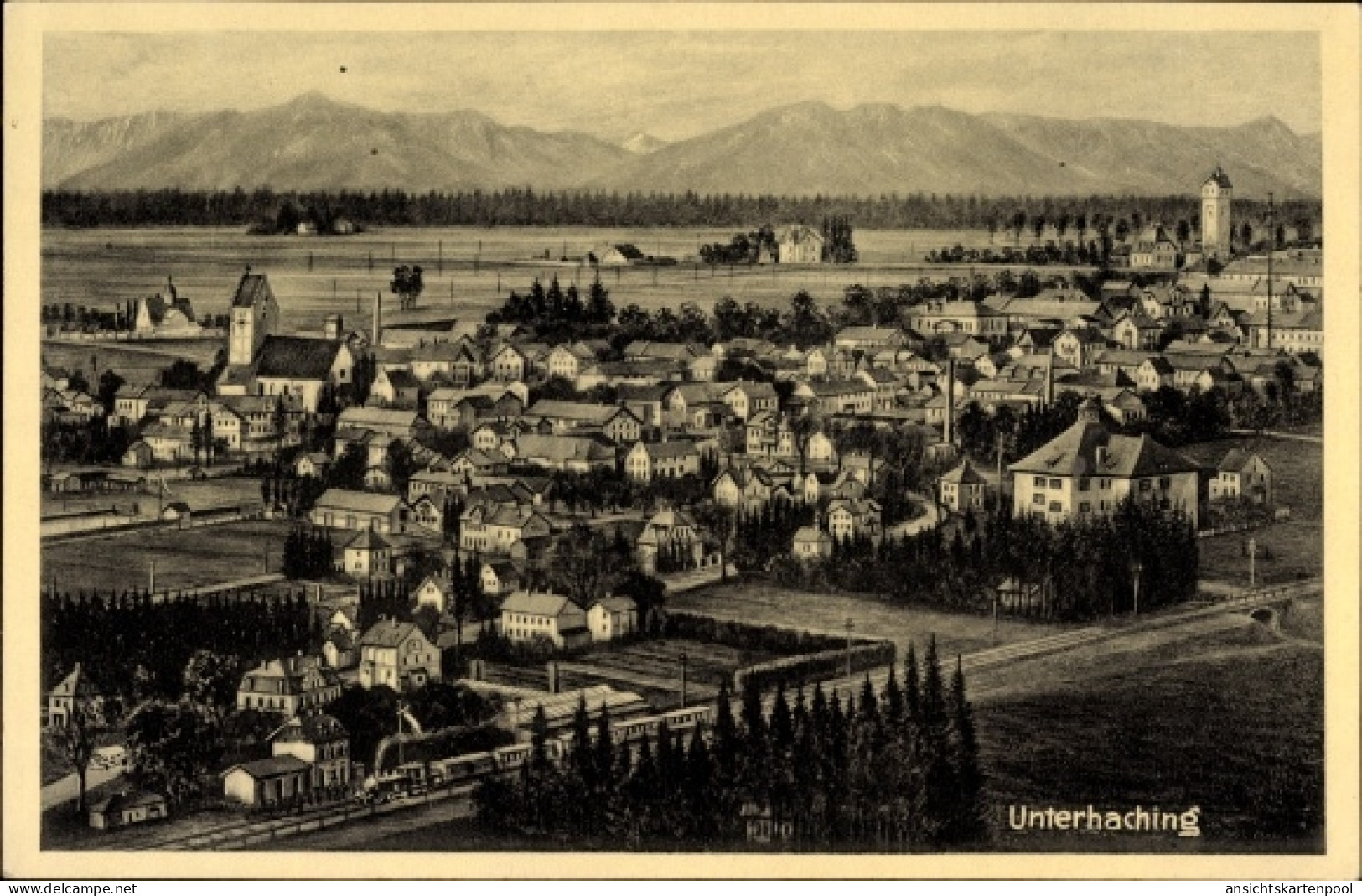 Artiste CPA Unterhaching in Oberbayern, Totalansicht vom Ort