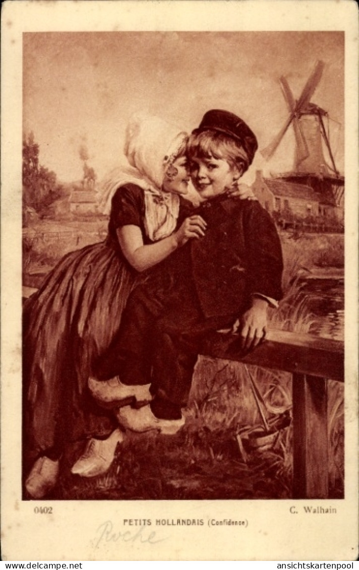 Artiste CPA Walhain, C., Kinder in niederländischen Trachten, Liebespaar, Windmühle