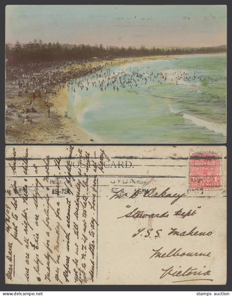 Australia 1d 1909 Old Real Photo Postcard Manly Beach Sydney New South Wales NSW