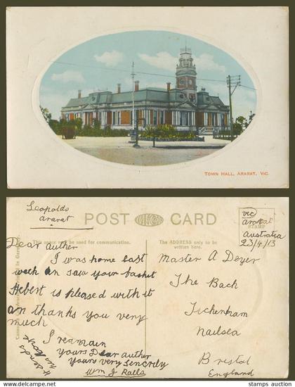 Australia 1913 Old Embossed Postcard Ararat Town Hall Vic. Victoria Cannon & Co.