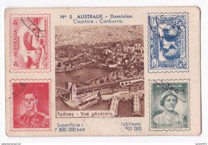 carte No 5 Australie, Sydney , vue generale - Semelles et Talons Bergougnan avec reproductions de timbres