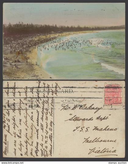 Australia 1d 1909 Old Real Photo Postcard Manly Beach Sydney New South Wales NSW