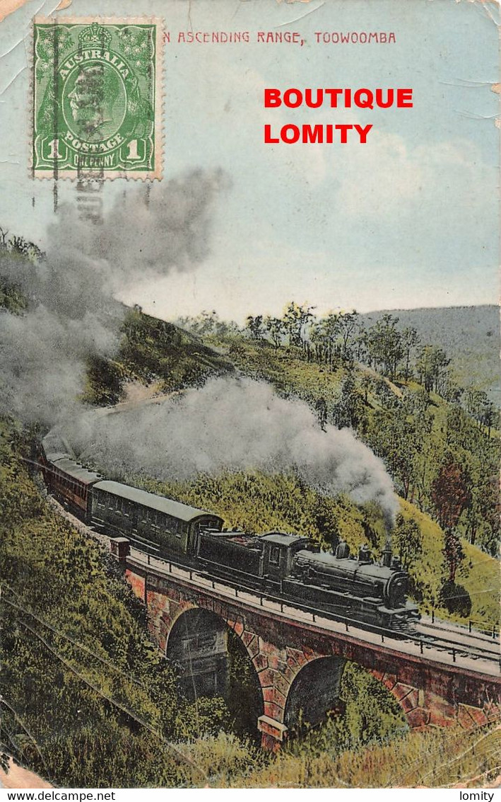 Australie australia Toowoomba locomotive à vapeur train ascending range pont chemin de fer cpa carte ancienne + timbre