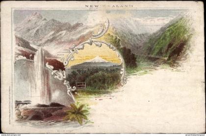 Lithographie Neuseeland, Geysir, Berglandschaft