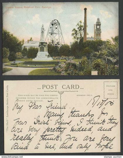 Australia BENDIGO 1900 Old Postcard Queens Statue Rosalind Park Clock Tower Gdns