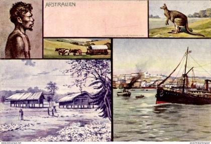 Artiste CPA Australien, Aborigines, Känguru, Dampfer