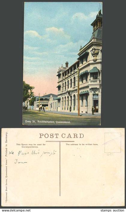 Australia Quay St. Rockhampton Street Scene Queensland Horse Old Colour Postcard