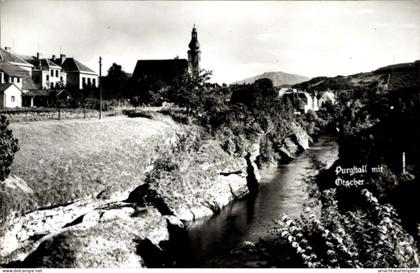 CPA Purgstall an der Erlauf in Niederösterreich, Fluss mit felsigem Ufer,Kirchturm,Reihen von Häus