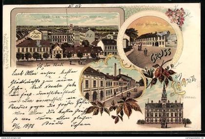 Lithographie Laa an der Thaya, Hotel Schnabel, Dampfbrauerei und Rathaus