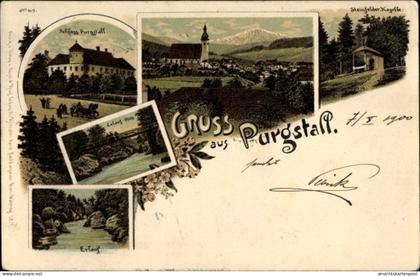 Lithographie Purgstall an der Erlauf in Niederösterreich, Schloss, Steinfelder Kapelle, Erlauf mit Steg