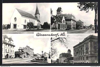 AK Gänserndorf, Kirche, Rathaus an der Strasse, Strassenpartie m. Rathaus