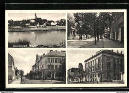 AK Gänserndorf /N.-Oe., Ortsansicht über den Fluss, Strassenpartien