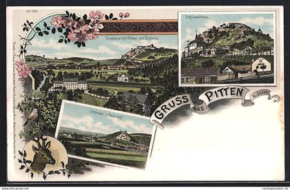 Lithographie Pitten /N. Öster., Schloss Pitten, Schloss und Bahnhof, Gesamtansicht